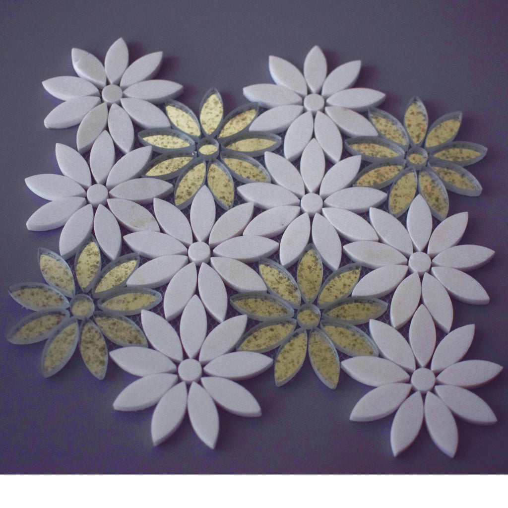 Antique Mirror & Thassos Daisy Flowers Mosaic Tile | TileBuys