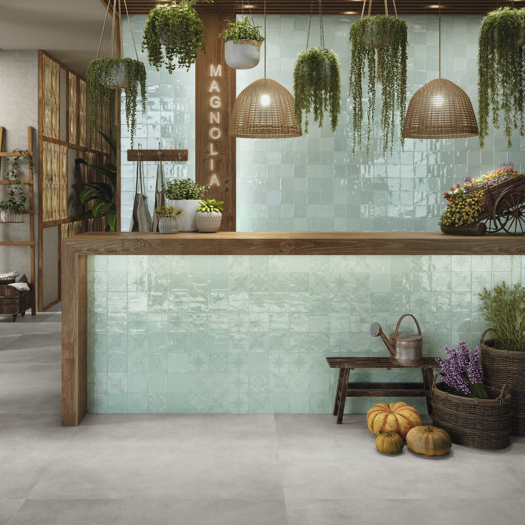 Fleur De Lis Ceramic Deco 5 x 5 Tile in Glossy Aqua