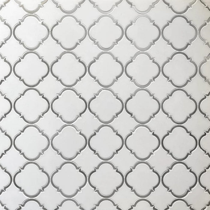 White Thassos Marble & Grey Metal Quatrefoil Waterjet Mosaic Tile