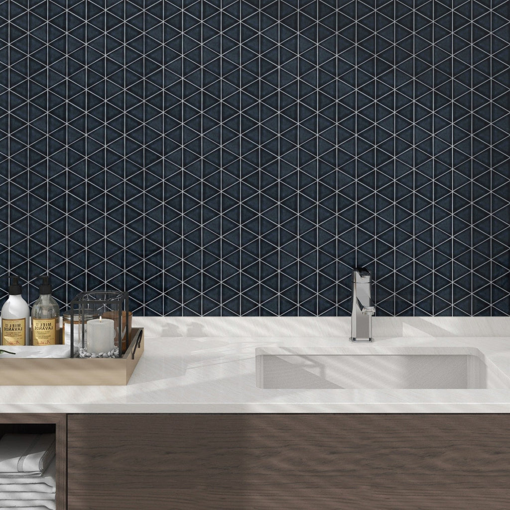 Arleta Glossy Ceramic Dark Navy Blue Triangle Mosaic Tile - TileBuys
