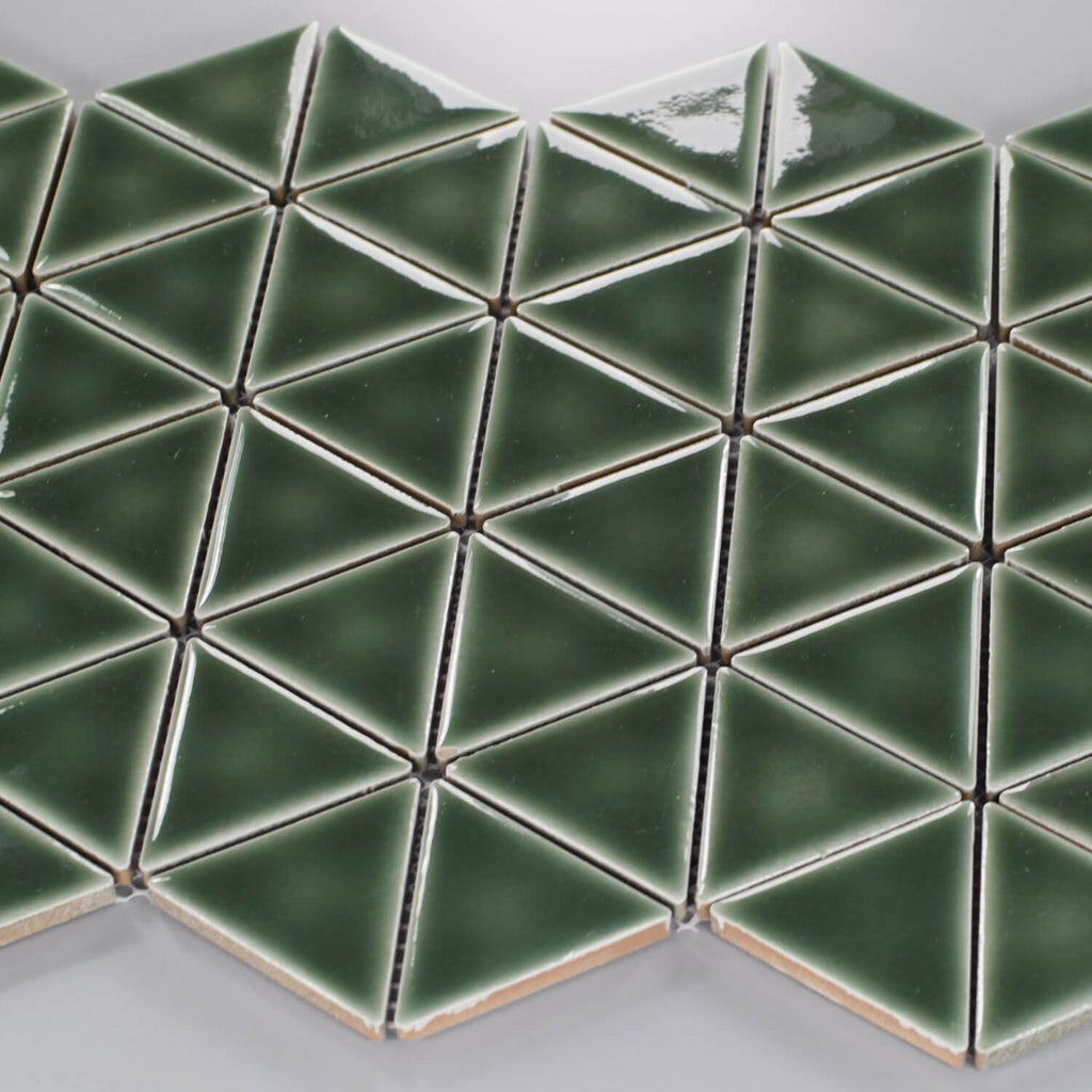 Closeup of Forest Green Ceramic Triangle Mosaic Tile