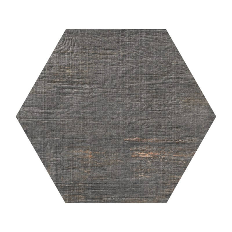 Closeup of Distressed Wood Look Ash Gray Hexagon Porcelain Tile