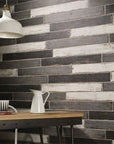 Modern Kitchen Accent Wall Featuring Random Mix of Distressed Wood Look White, Gray & Black Porcelain Tiles