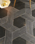 Closeup of Floor with Black Hex Tile Surrounded by Ash Gray 7x16  Wood Look Tile