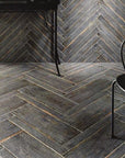 Vintage Look Black Desk & Chair in Room with Gray Distressed Wood Look Tile Wall & Floor