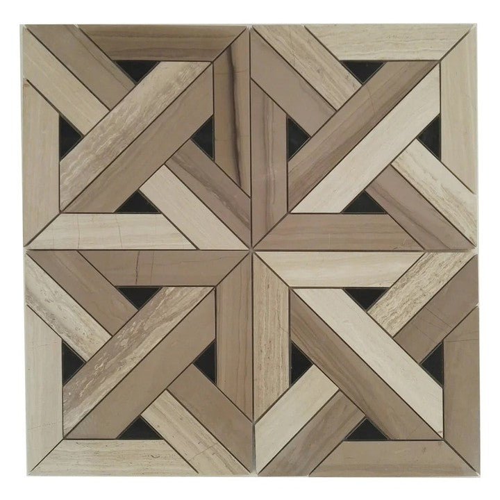 Athens, Oak & Nero Marble Mosaic Tile - Wooden Weave - TileBuys