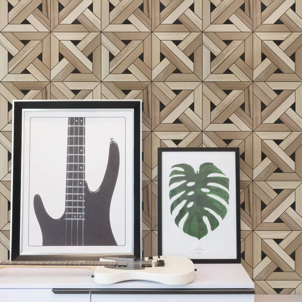 Athens, Oak & Nero Marble Mosaic Tile - Wooden Weave - TileBuys