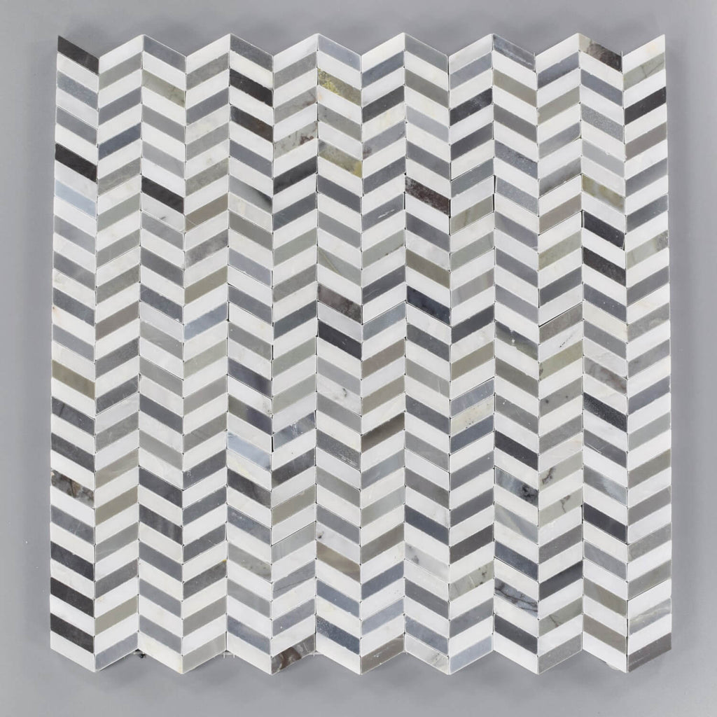 Bardiglio Gray & Carrara Venato Marble Mini Chevron Waterjet Mosaic Tile - TileBuys