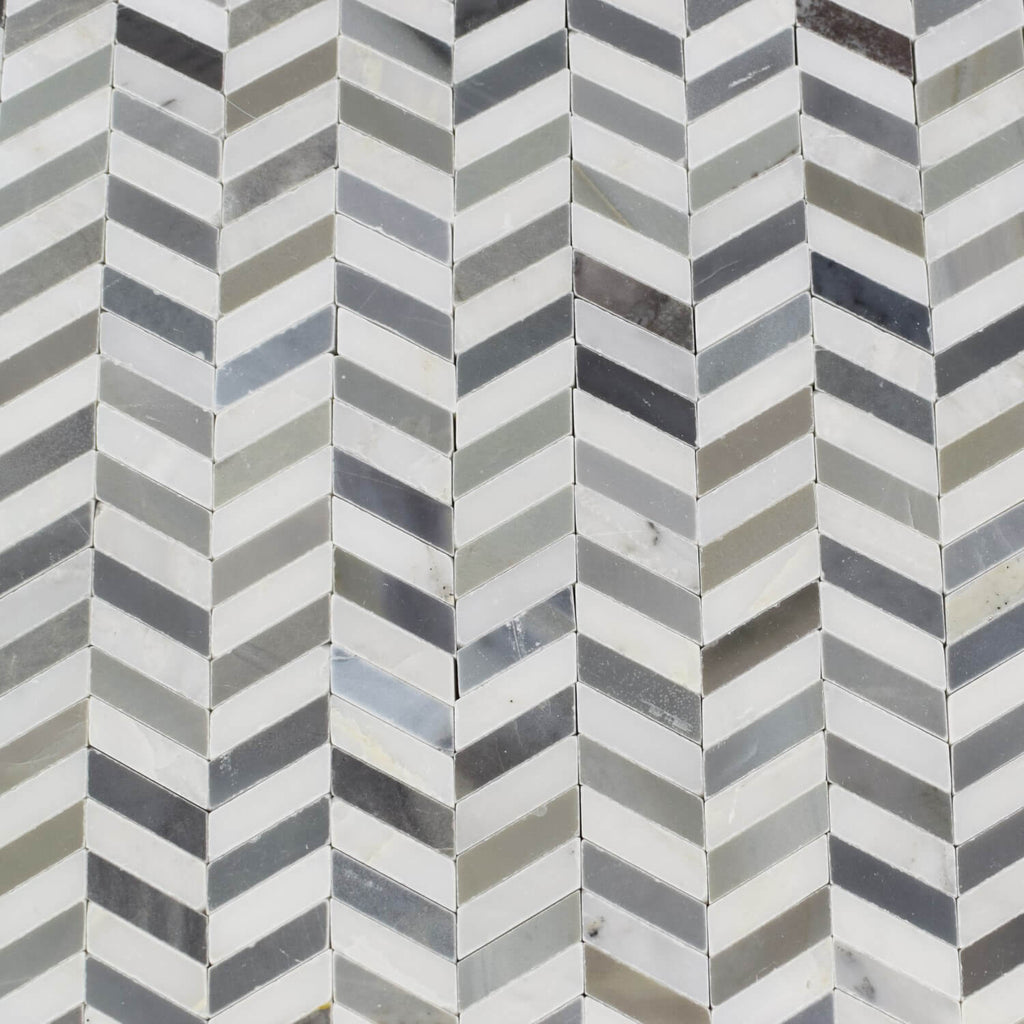 Bardiglio Gray & Carrara Venato Marble Mini Chevron Waterjet Mosaic Tile - TileBuys
