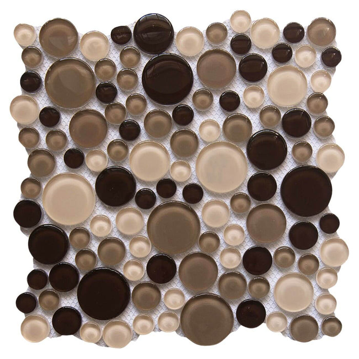 Beige & Brown Glass Mosaic Penny Circle Round Tile - TileBuys