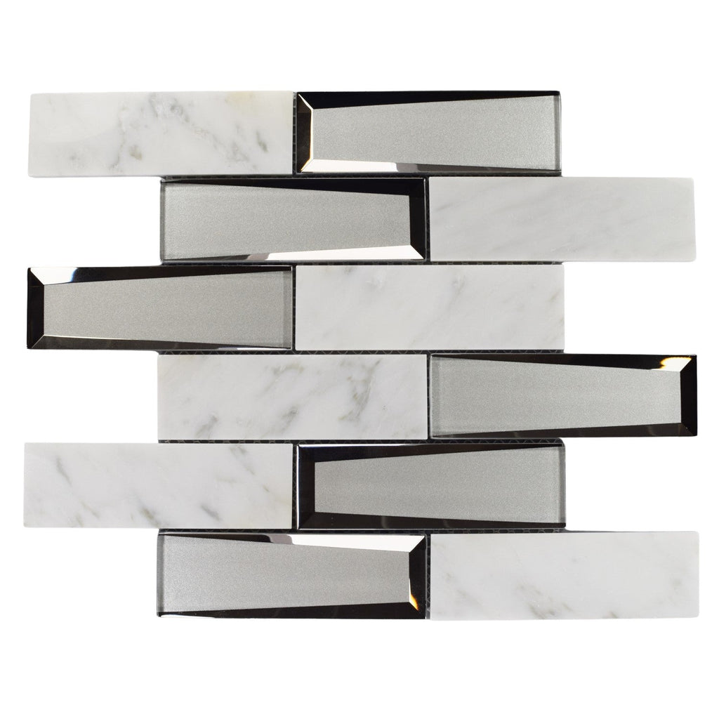 Bianco Carrara Marble and 3D Glass Subway Mosaic Tile