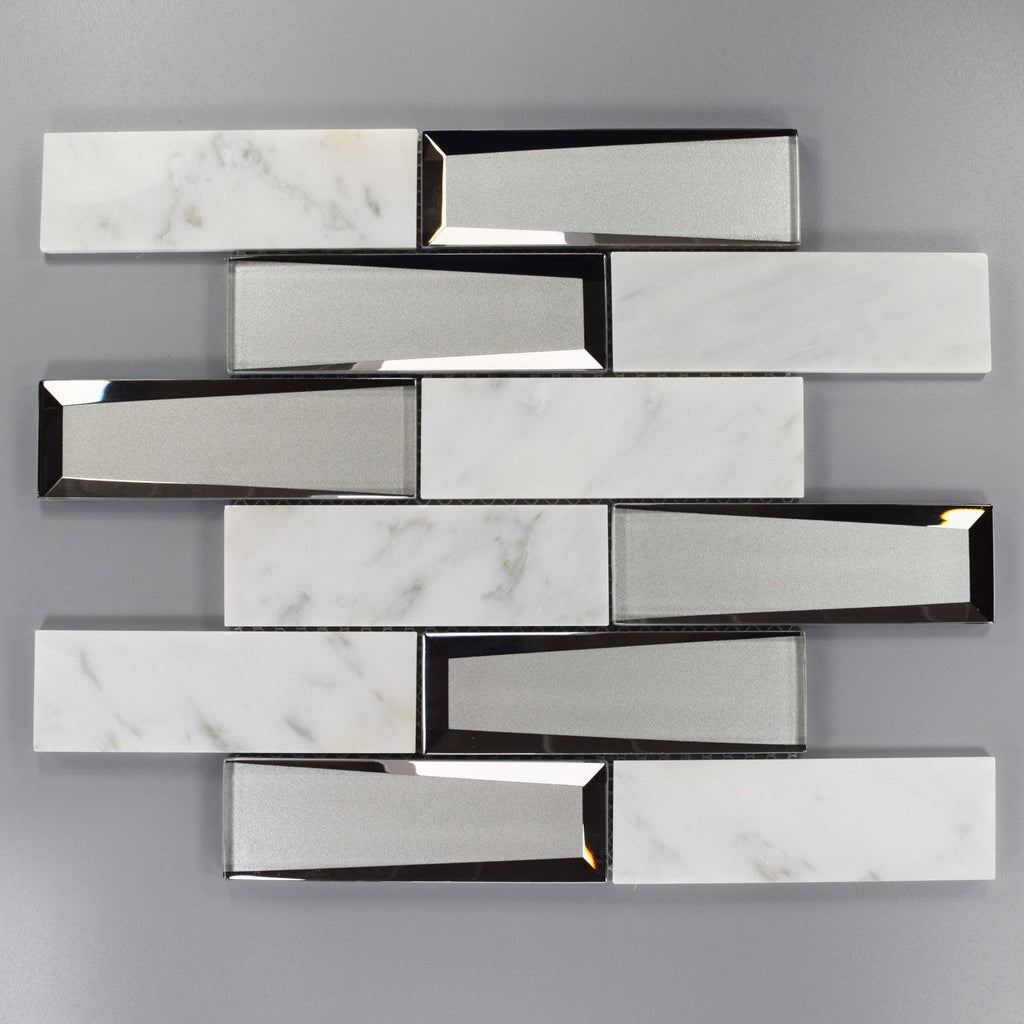 Bianco Carrara Marble and 3D Glass Subway Mosaic Tile on Gray Background