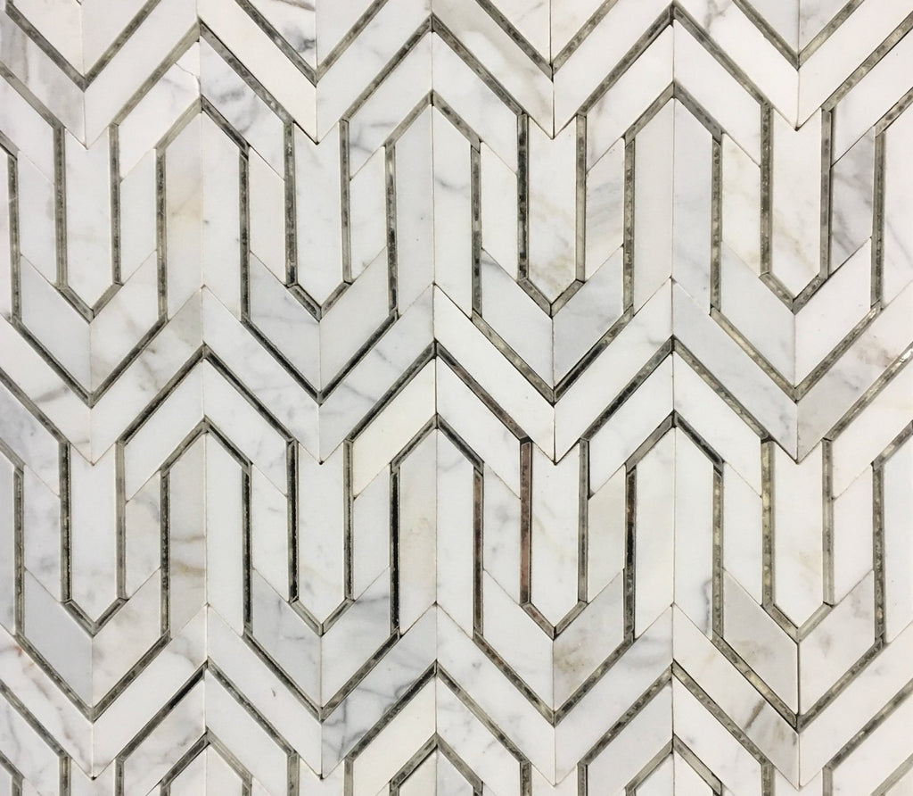 Bianco Carrara Marble and Antique Mirror Glass Waterjet Mosaic Tile in Greek Key Meandros