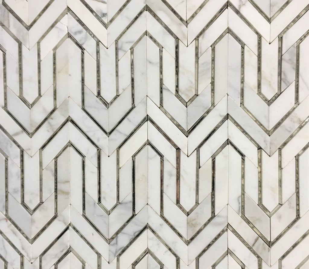 Bianco Carrara Marble and Antique Mirror Glass Waterjet Mosaic Tile in Greek Key - TileBuys