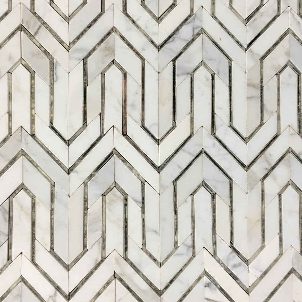 Bianco Carrara Marble and Antique Mirror Glass Waterjet Mosaic Tile in Greek Key - TileBuys