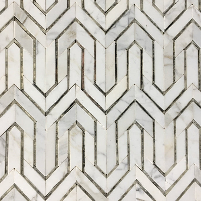 Bianco Carrara Marble and Antique Mirror Glass Waterjet Mosaic Tile in Greek Key Meandros