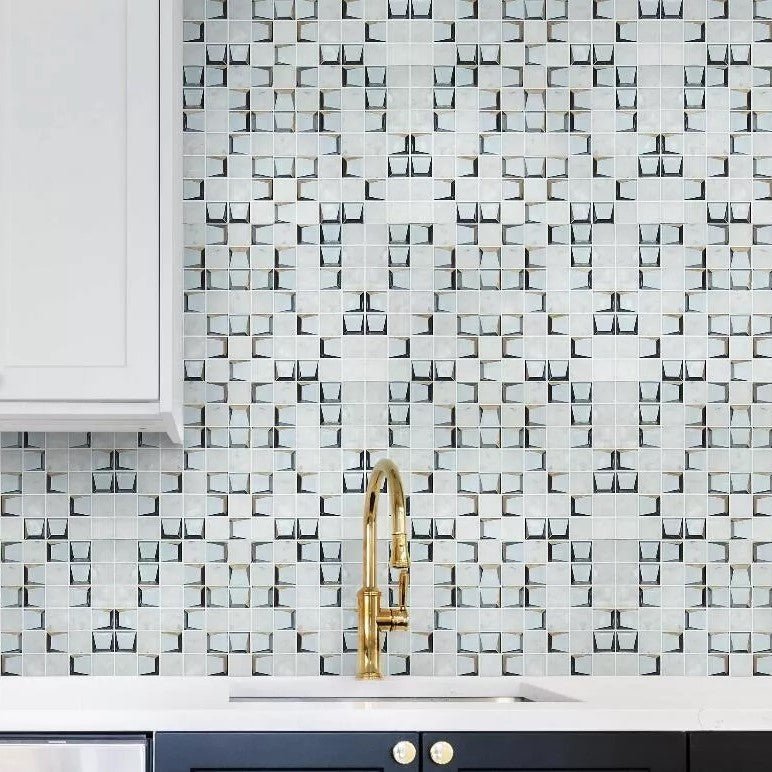 Bianco Carrara Marble and Glass Modern Cube 3D Mosaic Tile Kitchen Backsplash