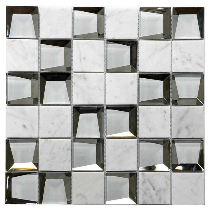 Bianco Carrara Marble and Glass Modern Cube 3D Mosaic Tile - TileBuys