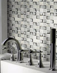 Bianco Carrara Marble and Glass Modern Cube 3D Mosaic Tile Wall Behind Tub with Roman Faucet