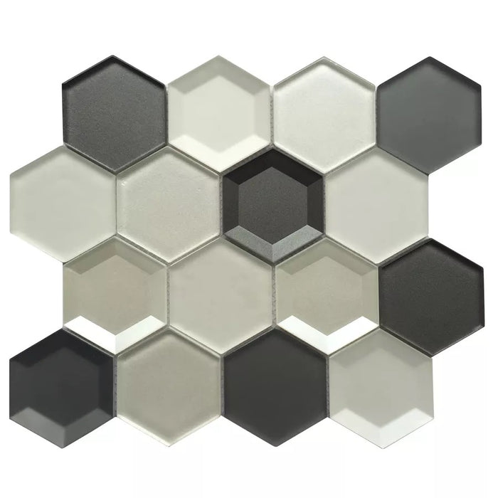 Matte Black and Grey 3D Hexagon Glass Mosaic Tile