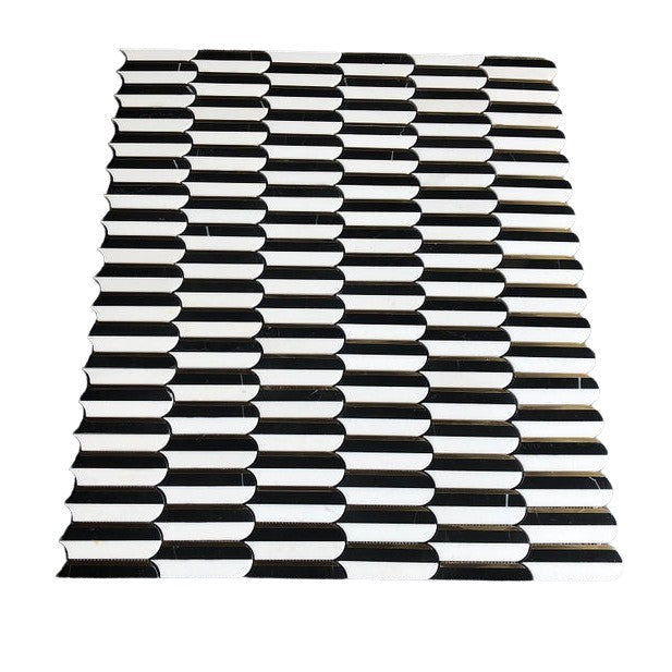 White Thassos, Nero Marquina Black Marble, and Brass Elongated Scallop Waterjet Mosaic Tiles