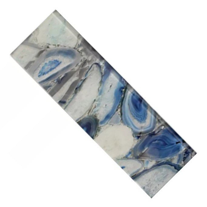 Closeup of a Long Glass Subway Tile with Blue Agate Pattern