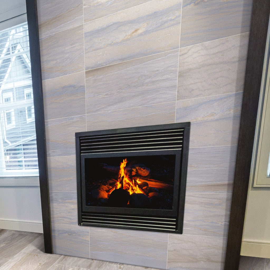 Matte Blue Gray and Beige 12x24 Paradise Porcelain Tile Fireplace Surround