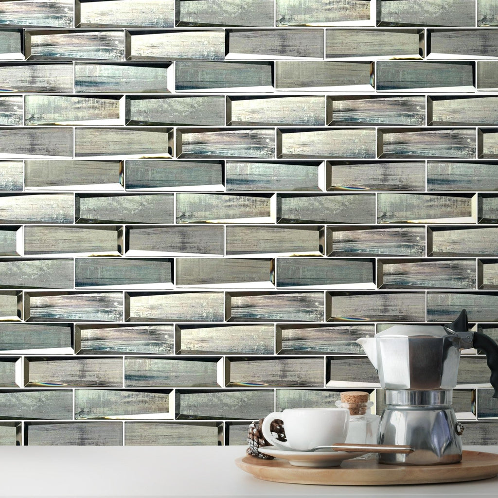 Blue - Gray Wood Grain Glass 3D Subway Mosaic Tile - TileBuys
