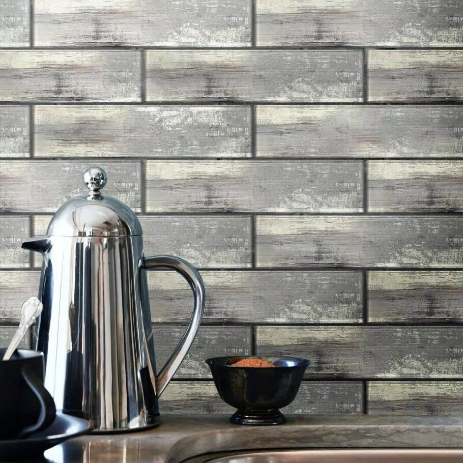 Blue Gray Wood Grain Textured Glass Subway Tile Kitchen Backsplash