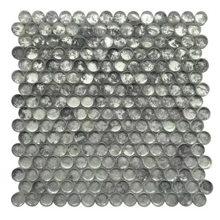 Closeup of a Penny Rounds Mosaic Tile in Blue Gray Textured Glass