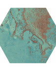 Closeup of hexagon shaped porcelain tile with blue green copper look