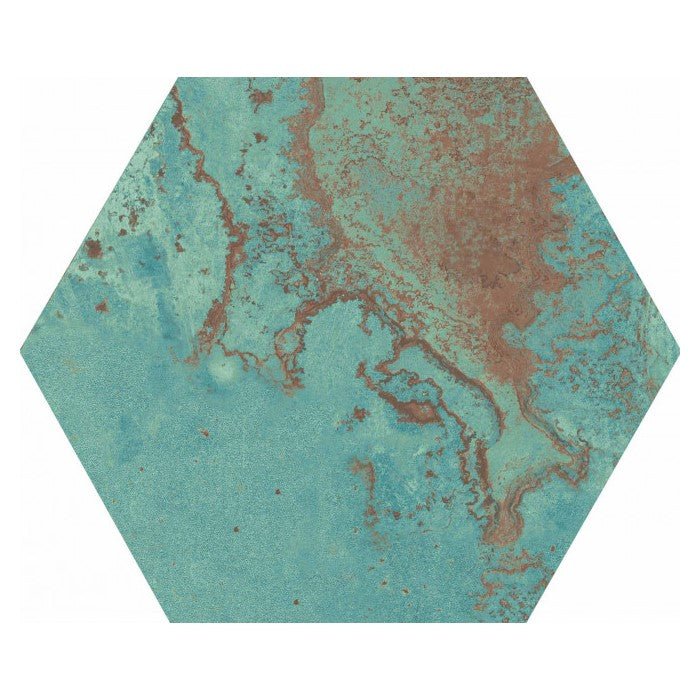 Closeup of hexagon shaped porcelain tile with blue green copper look