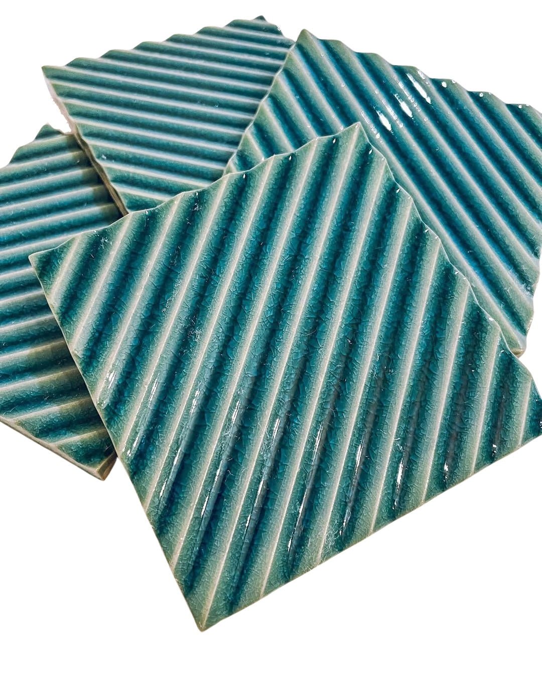 Blue Green Crackle Porcelain Ribbed 5x5 Tiles - TileBuys