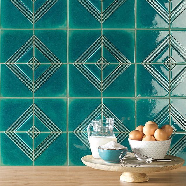 Blue Green Porcelain Concentric Diamond Pattern 5x5 Tile Backsplash