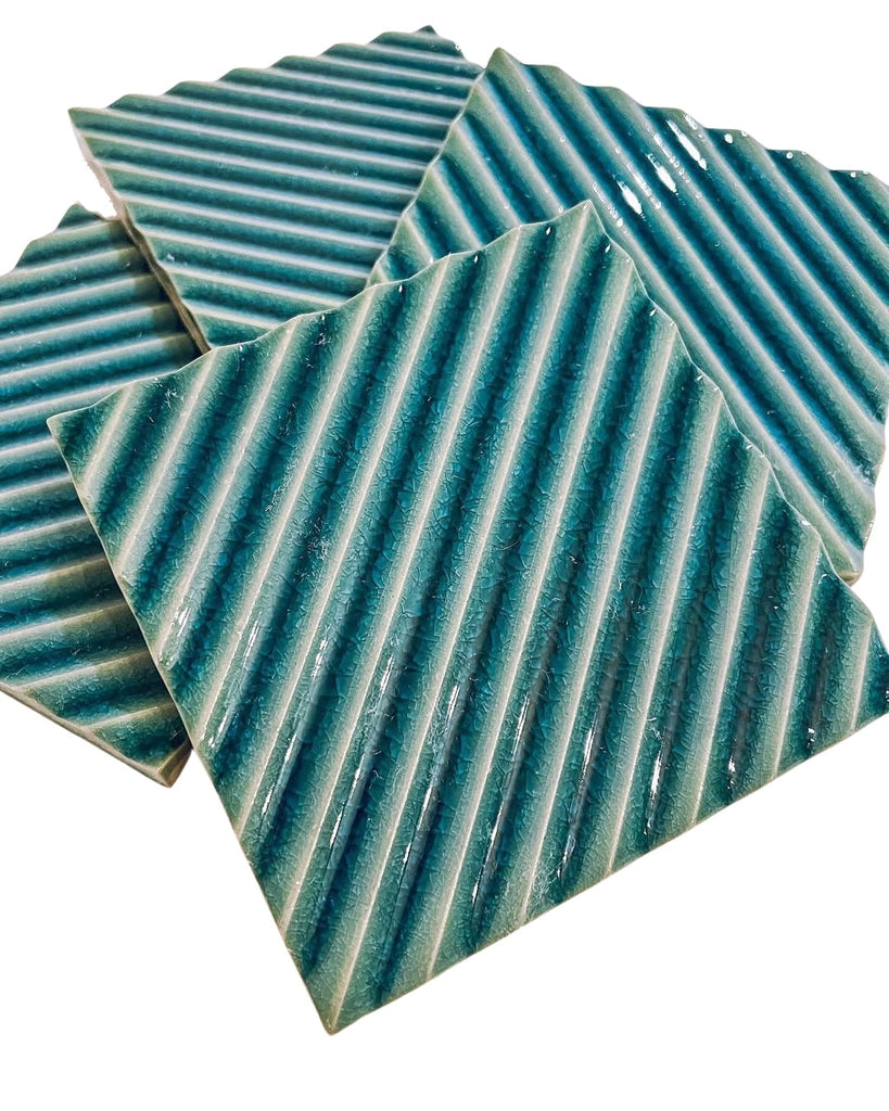 Blue Green Crackle Porcelain Textured Line Pattern 5x5 Tile