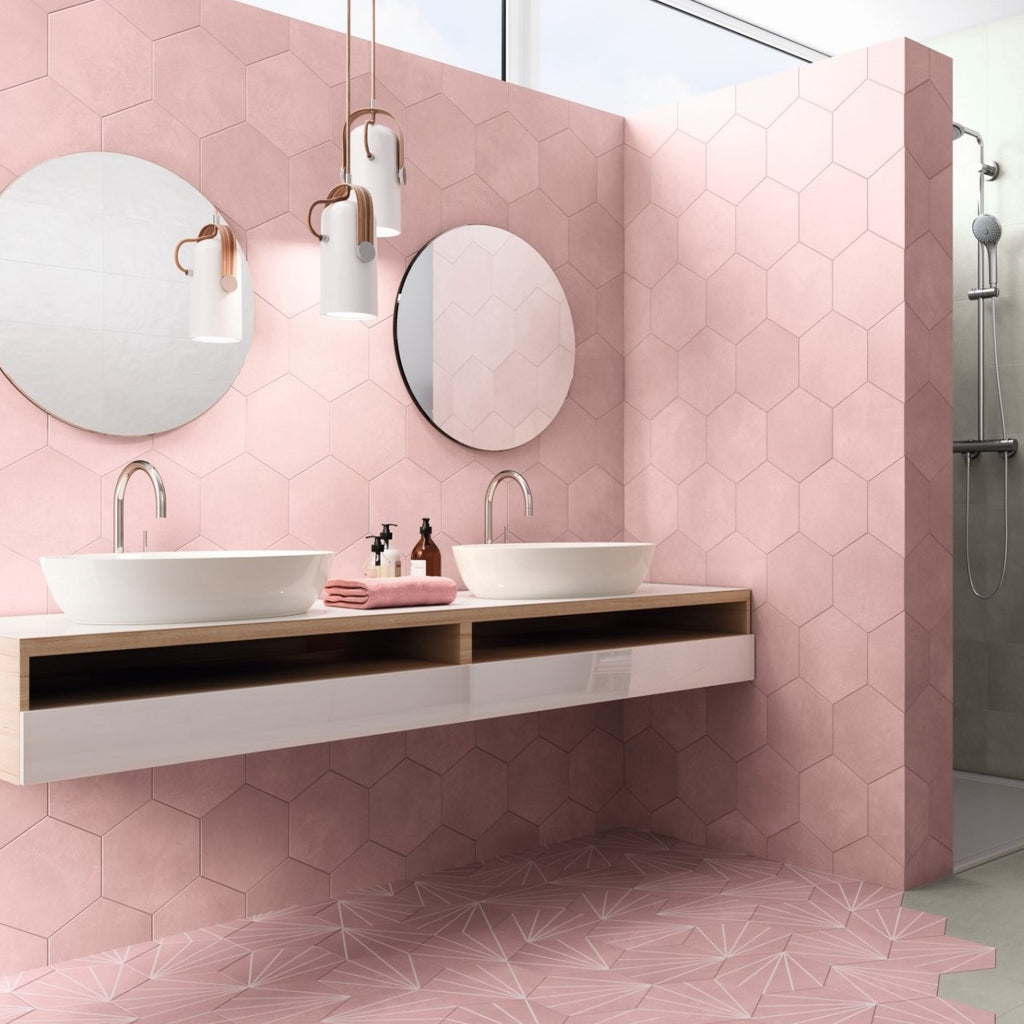 Starline Pattern Hexagon Porcelain Tiles in Blush Pink