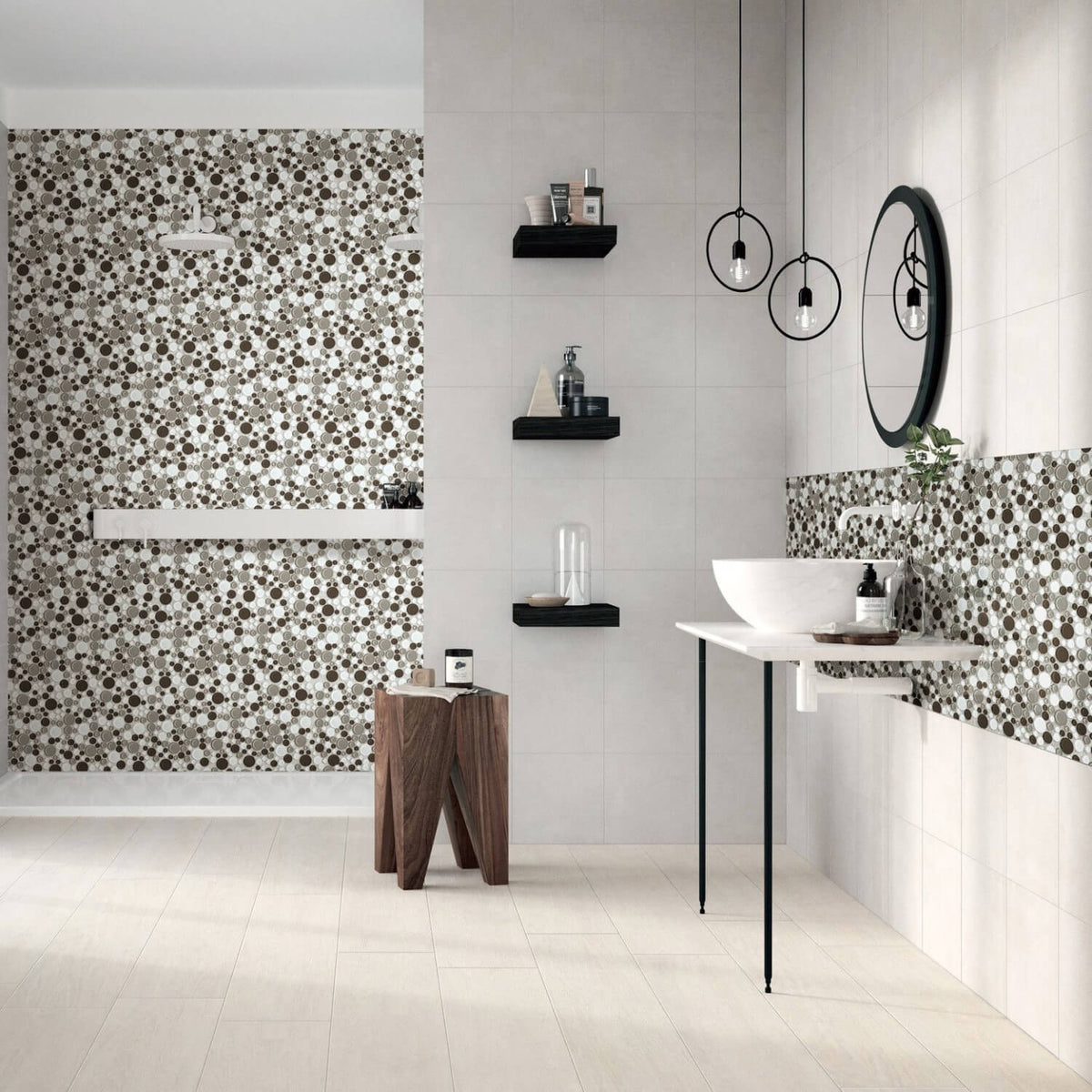 Brown, Beige &amp; White Glass Mosaic Penny Circle Round Tile - TileBuys