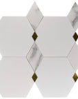 Calacatta and Thassos Marble with Brass Accent Waterjet Mosaic Tile in Falling Diamonds - TileBuys