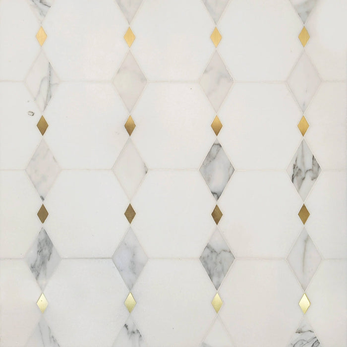 Calacatta and Thassos Marble with Brass Accent Waterjet Mosaic Tile in Falling Diamonds - TileBuys