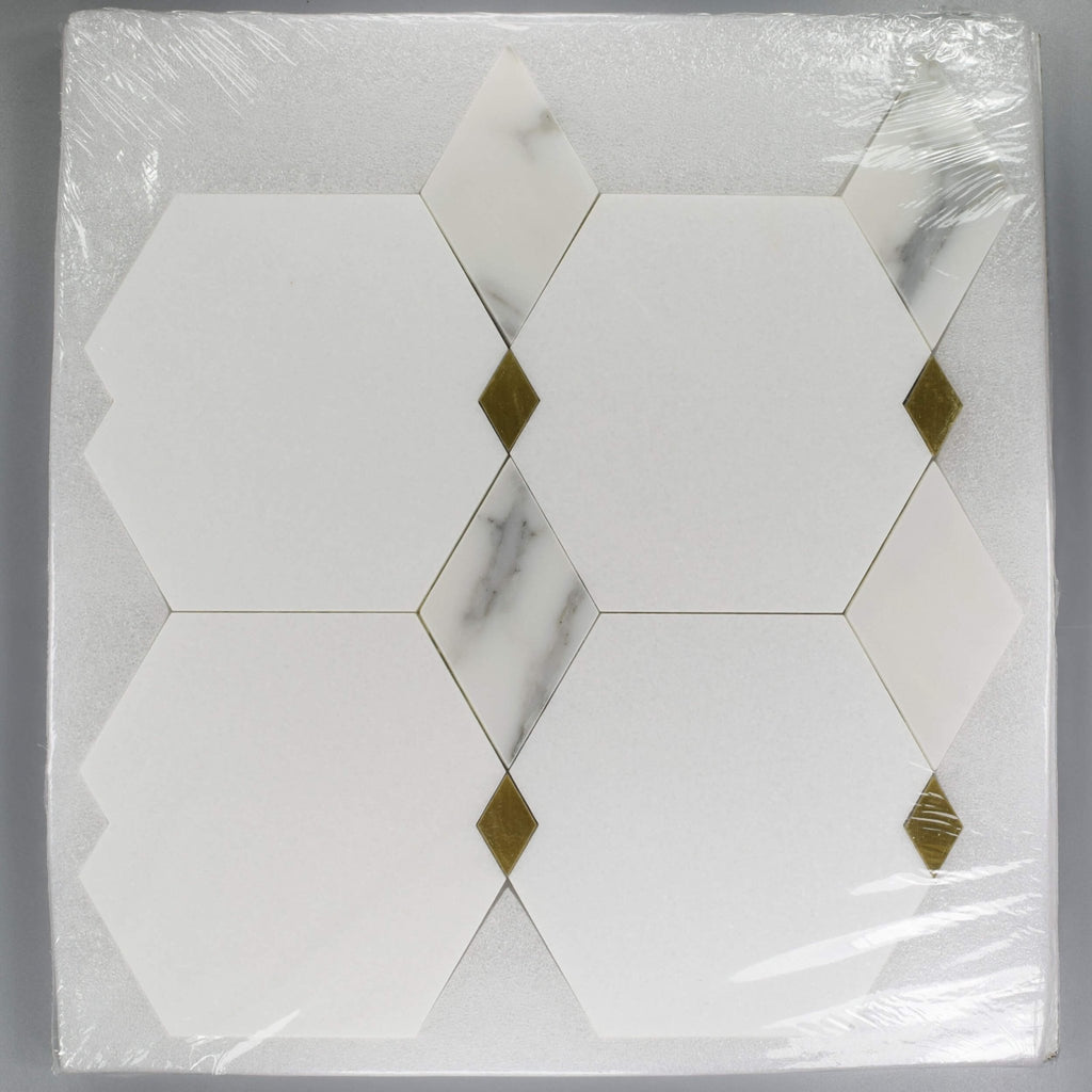 Calacatta and Thassos Marble with Brass Accent Waterjet Mosaic Tile in Falling Diamonds - TileBuys