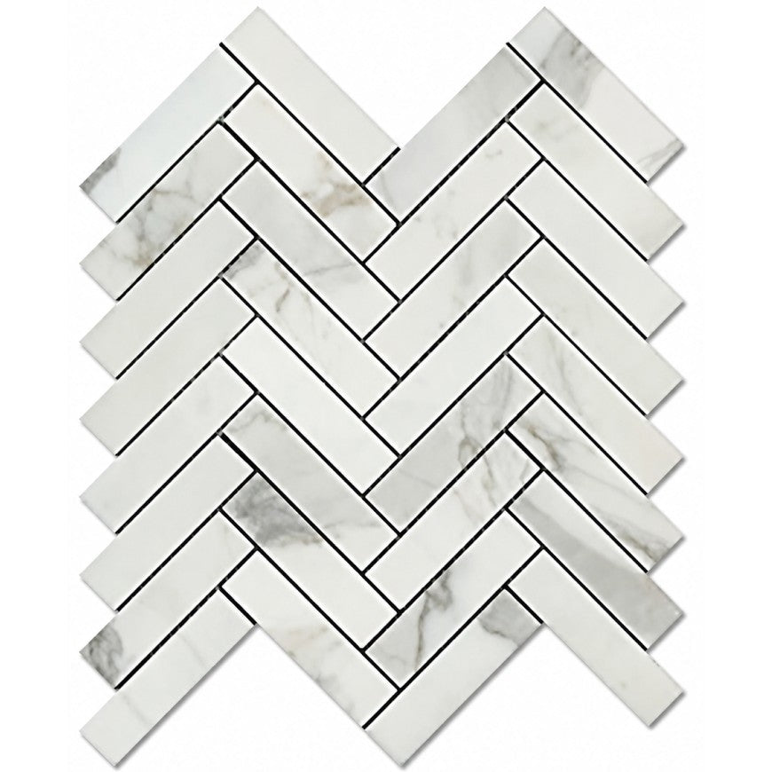 Calacatta (Calcutta) Marble 1x4” Herringbone Mosaic Tile - TileBuys