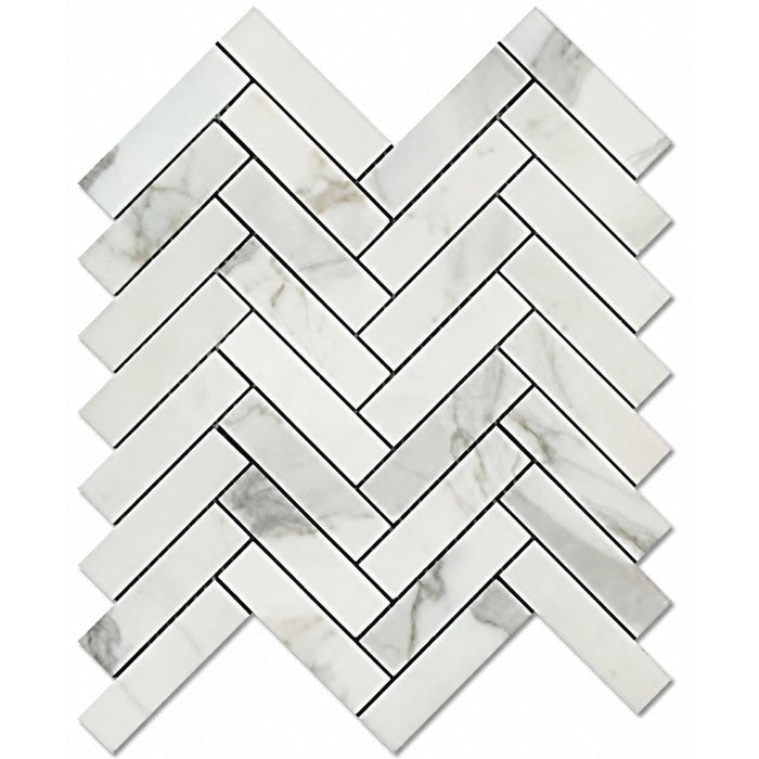 Calacatta (Calcutta) Marble 1x4” Herringbone Mosaic Tile - TileBuys