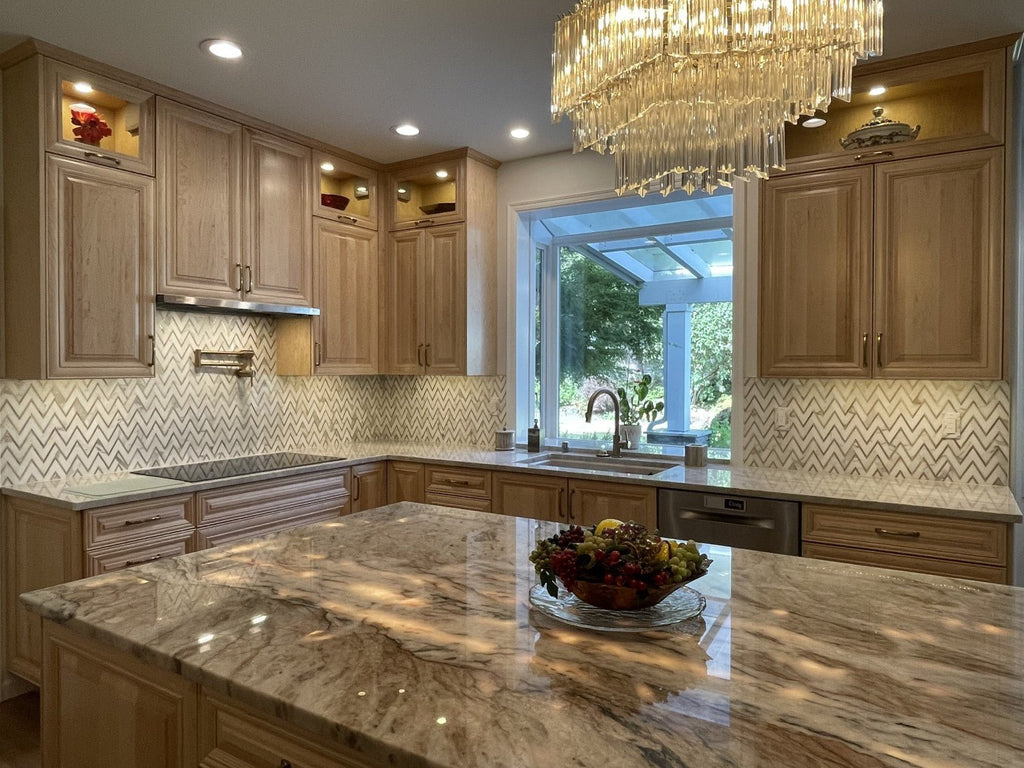 Calacatta (Calcutta) Marble with Gold Metal Waterjet Mosaic Tile in Golden Chevron - TileBuys