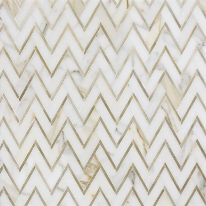 Calacatta (Calcutta) Marble with Gold Metal Waterjet Mosaic Tile in Golden Chevron - TileBuys