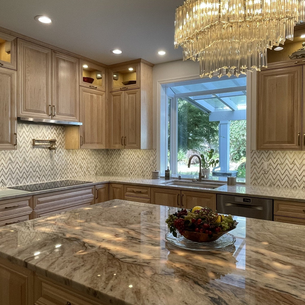 Calacatta (Calcutta) Marble with Gold Metal Waterjet Mosaic Tile in Golden Chevron - TileBuys