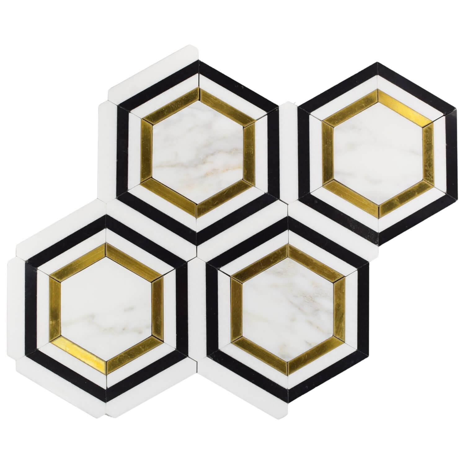 Black and White Marble With Brass Inlaid Hexagon Tiles