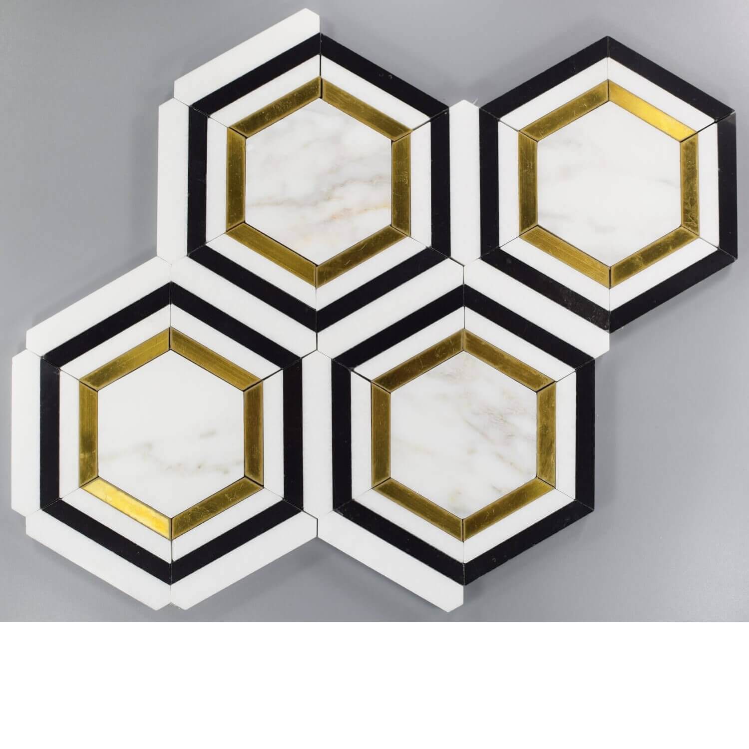 Nero Marquina Black and White Marble and Brass Inlay Hexagon Mosaic Tiles