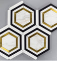 Nero Marquina Black and White Marble and Brass Inlay Hexagon Mosaic Tiles