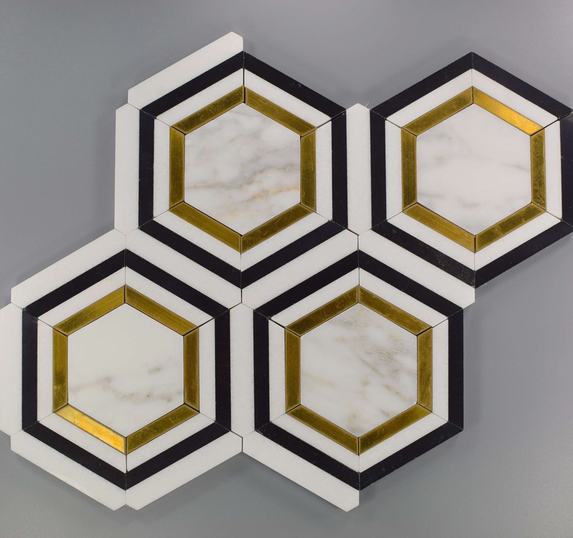 Calacatta Gold with Black marble and Brass Inlay Hexagon Mosaic Tiles