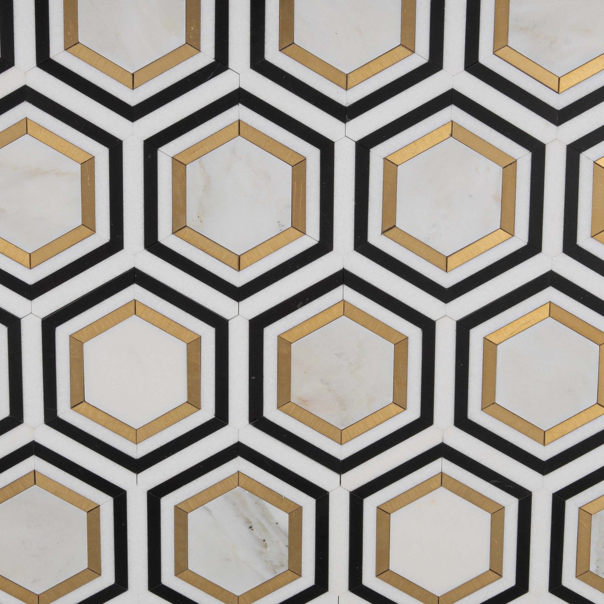 Black and White Marble With Brass Hexagon Inlaid Mosaic Tile
